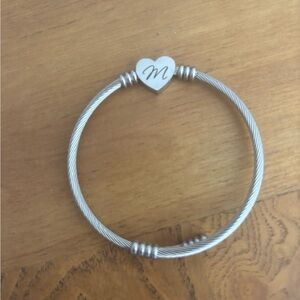Personalized Silver Heart Cable Bangle Bracelet with 'M' Initial